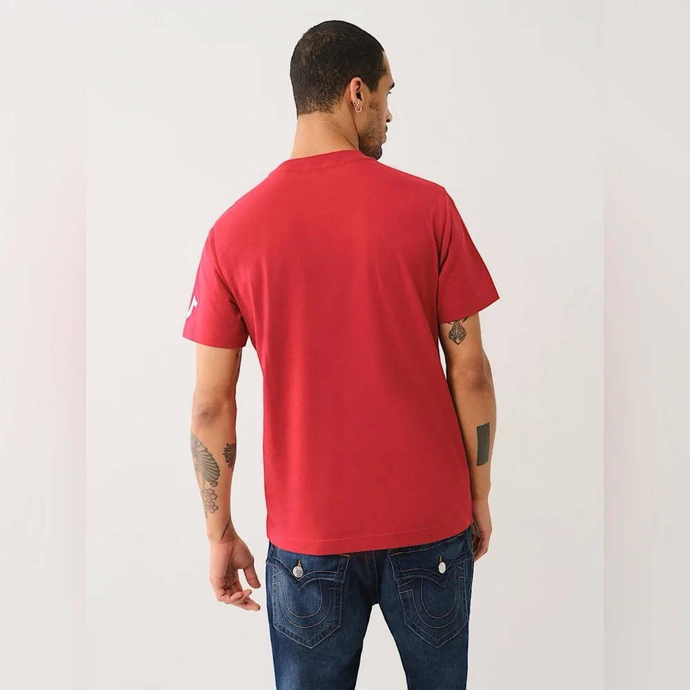 True Religion Red Dahlia Embossed Arched Logo Casual 100% Cotton Tee